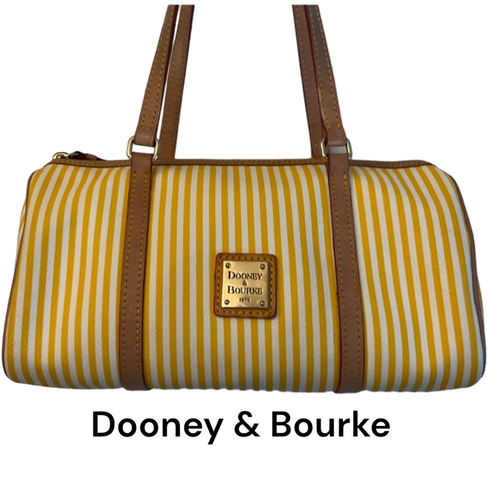 Dooney & Bourke Shoulder Barrel Bag Gold & White Stripes with Taupe Straps EUC